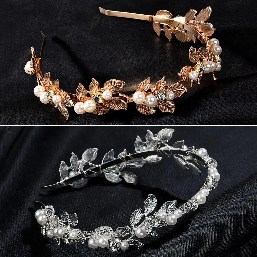 Bridal Hair Accessories Hair Bands Crystal Leaves Wreath Vintage Pearl Wedding Tiara Headband Women Girls Hair Crown